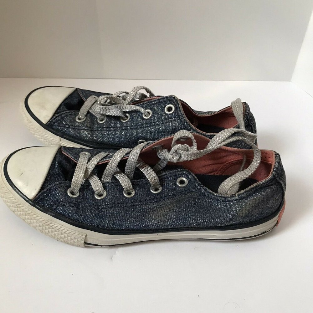 Converse All Star Kids Blue Glitter Denim Low Top Sneakers Silver Laces Size 3Y